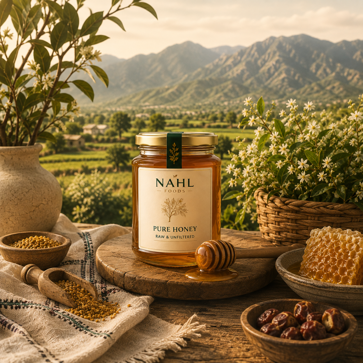 A jar of NAHL Foods honey on a wooden table with a honey dipper, honeycomb, bee pollen and dates, overlooking green Pakistani farmland and mountains.